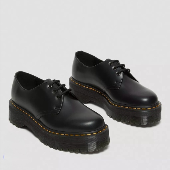Dr Martens 1461 Quad Polished Smooth Black Platform Shoe Women’s Size 7 - Picture 1 of 4